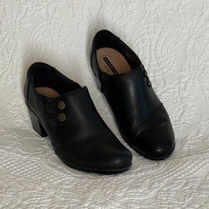 Clarks Ankle Boot Shoes Women's 9M Black Leather Comfort Button Block Heel Zip